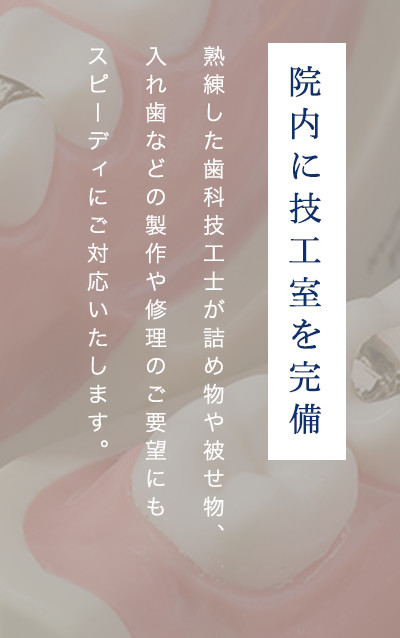 院内に技工室を完備 熟練した歯科技工士が詰め物や被せ物、入れ歯などの製作や修理のご要望にも スピーディご対応いたします。